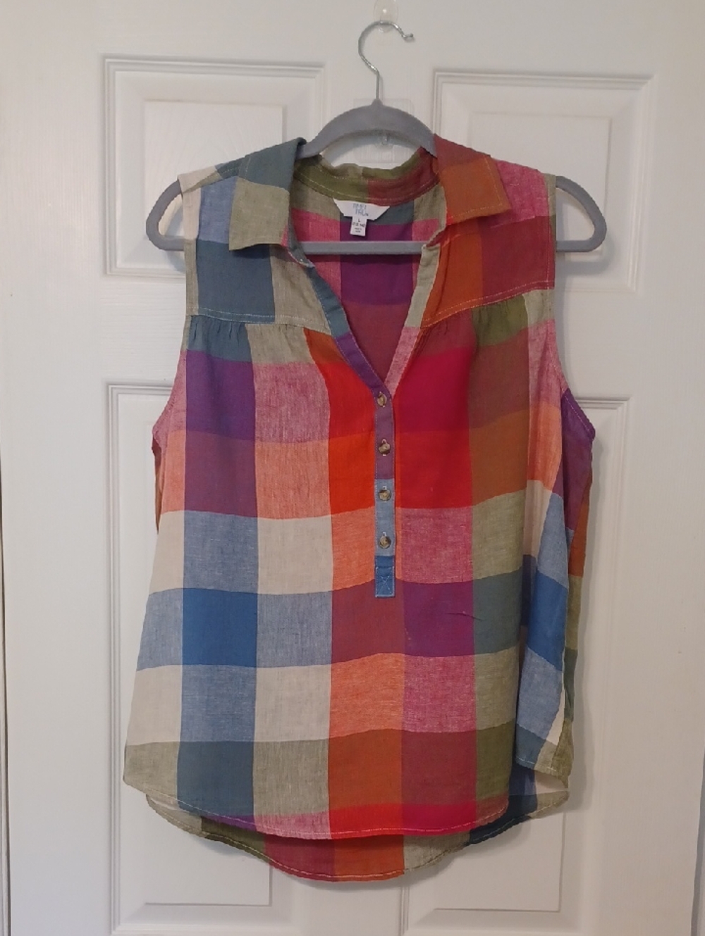 Time And Tru Sz L, Sleeveless Plaid Popover Top - Multi